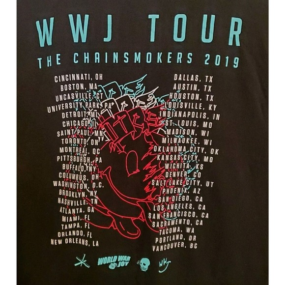 The Chainsmokers WWJ Tour 2019 Concert T-Shirt Size Large Black 2-sided - Picture 8 of 10